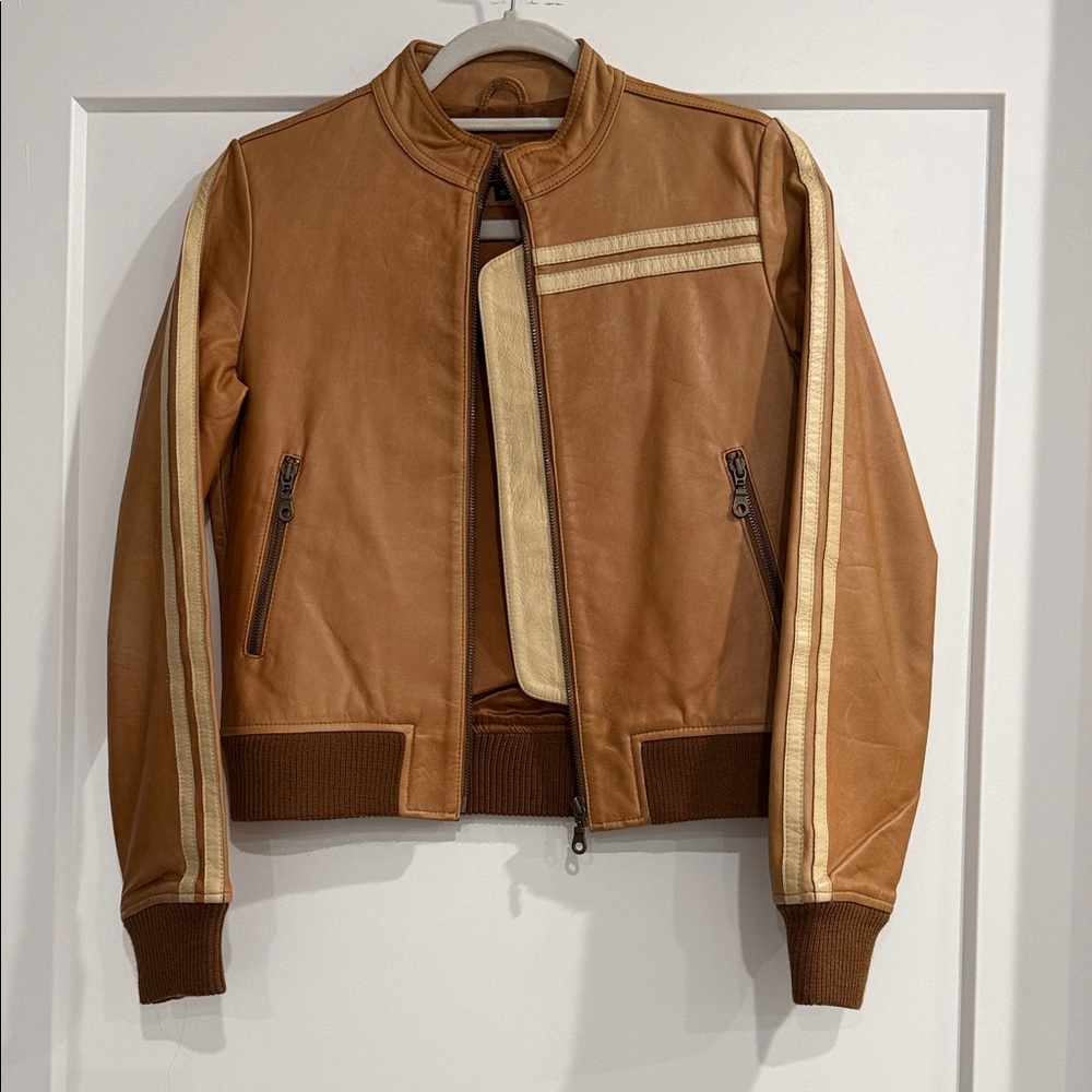 AG Adriano Goldschmied Tan Leather Jacket with White Accents